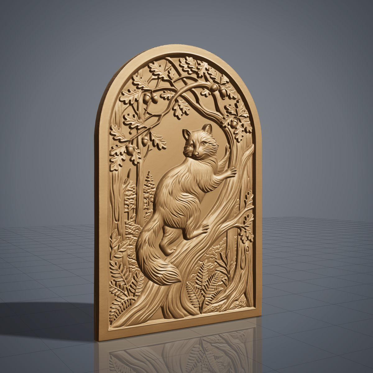 Detailed 3D bas-relief of a raccoon standing upright on its hind legs, one paw resting on a carved tree trunk, framed by an oak leaf and acorn canopy above and ferns below. Carved wood texture with fine fur detail on an arched-top rectangular panel. Designed for CNC relief carving, wood routing, and 3D printing as woodland wall decor.