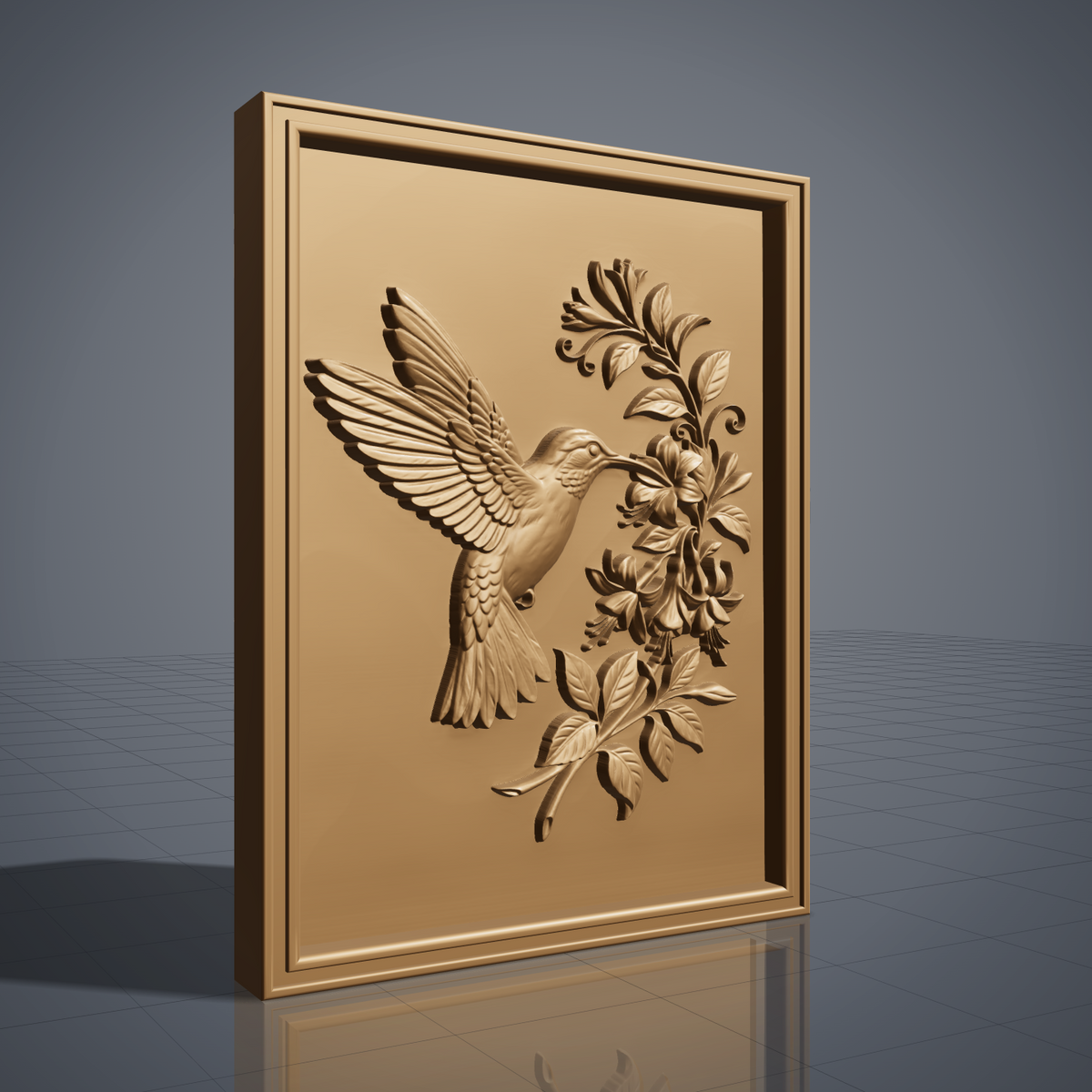 Detailed 3D bas-relief of a hummingbird in flight, wings fully spread, feeding at a cluster of trumpet-shaped fuchsia flowers with curling vines and leaves. Carved in rich walnut wood grain with fine feather texture, set within a raised rectangular frame border. Designed for CNC relief carving, wood routing, resin casting, and 3D printing as wall decor.