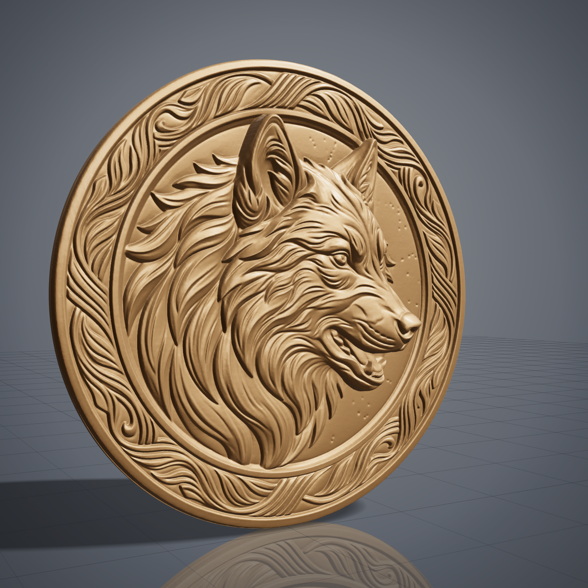 Detailed 3D bas-relief of a wolf head in profile with flowing layered fur, pointed ears and an open snarling mouth, set inside a raised round frame with carved leaf and vine scrollwork. Fine fur texture and deep shadows on a circular medallion panel. Made for CNC router carving, woodworking, 3D printing and rustic wolf wall decor.