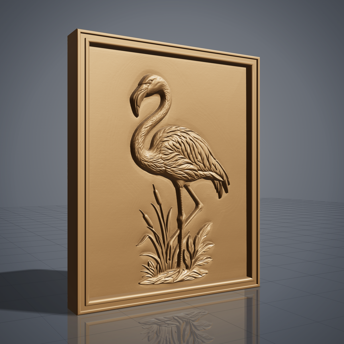 Detailed 3D bas-relief of a flamingo standing on one leg among tall cattails and reeds, long curved neck lowered, carved in rich walnut wood with fine feather and grain texture. Set within a molded rectangular picture-frame border. Designed for CNC relief carving, wood routing, and 3D printing as wetland wall decor.