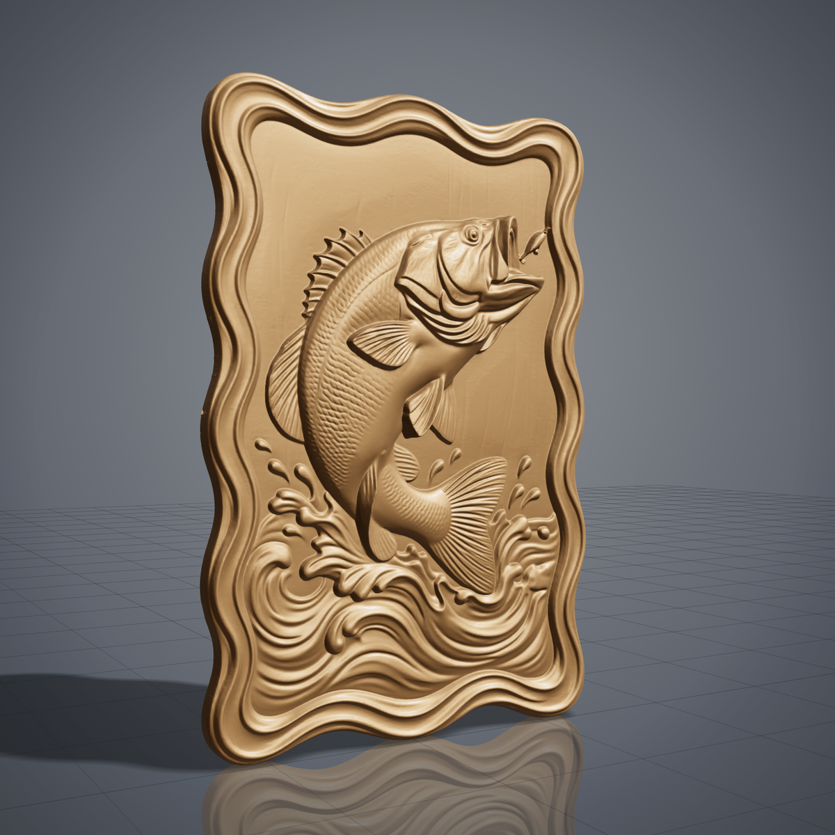 A detailed 3D bas-relief of a largemouth bass leaping from splashing water toward a fishing lure, set within a wavy scalloped-edge rectangular frame. Fine scale texture, fin detail, and dynamic water spray are carved in raised relief with a natural wood grain finish. Designed for CNC relief carving, wood routing, and 3D printing as fishing-themed wall decor.