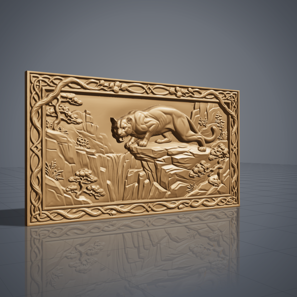 3D bas-relief of a mountain lion crouched on a rocky cliff edge above a waterfall, set in a landscape rectangular frame with a carved vine and Celtic knot border with pine cones. Bonsai-style pine trees, layered cliffs and grass surround the cougar. Smooth sculpted muscle detail and fine rock texture. Designed for CNC relief carving, woodworking and 3D printing as wide wall decor.