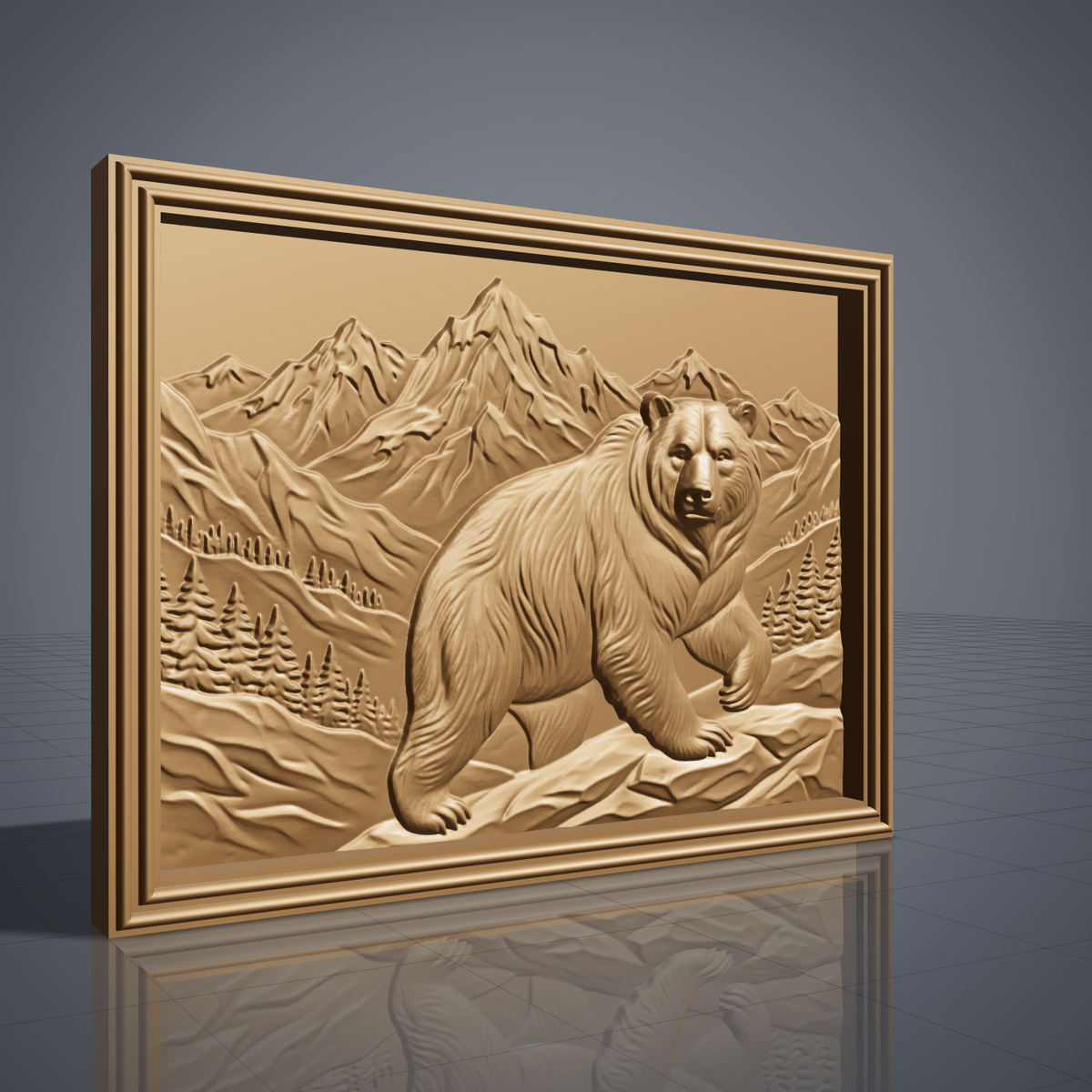 Detailed 3D bas-relief of a grizzly bear walking across rocky ground in front of snow-capped mountain peaks, with pine forest and alpine valleys behind. Framed by a rectangular stepped molded border around a recessed panel. Shown in carved walnut wood and grey resin. Designed for CNC relief carving, woodworking and 3D printing as rustic cabin and wildlife wall decor.