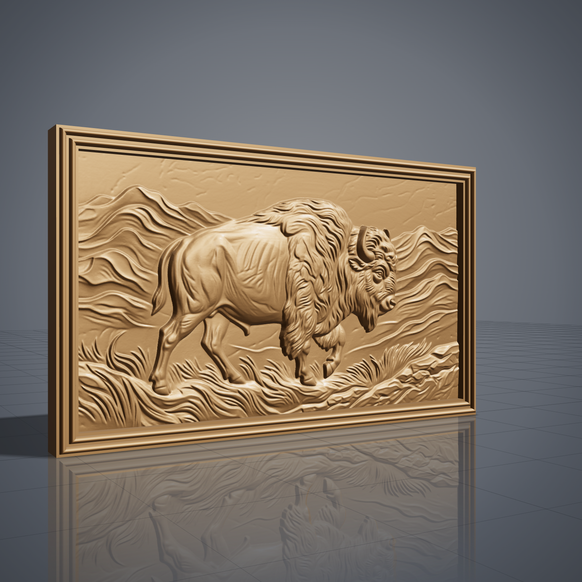 Detailed 3D bas-relief of an American bison walking through rolling mountains and wind-swept prairie grass, with shaggy mane, curved horn, raised front hoof and fine fur texture. Set in a rectangular panel with a stepped molded frame, shown in carved walnut wood. Designed for CNC relief carving, woodworking and 3D printing as rustic western wall decor.