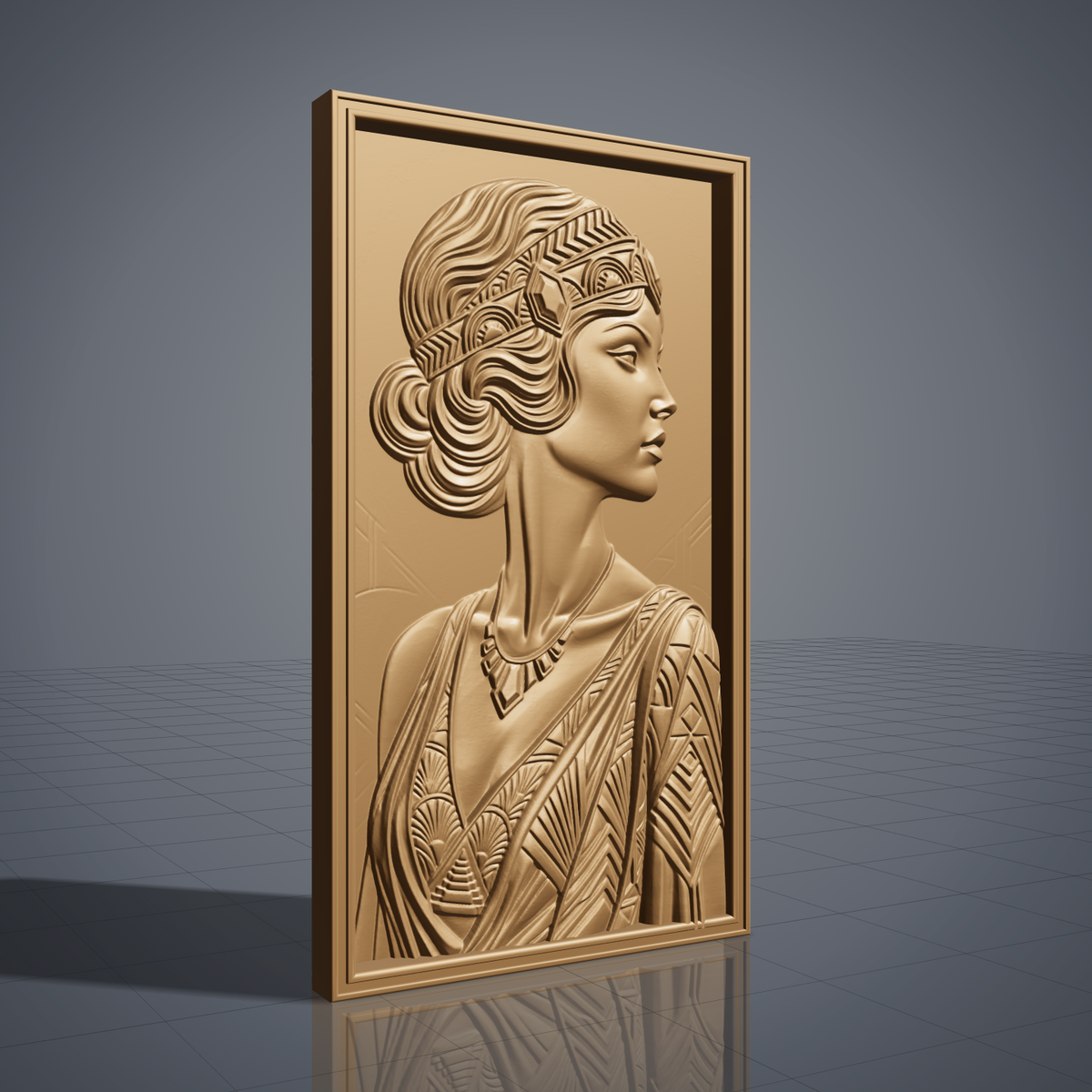 Highly detailed 3D bas-relief of an Art Deco woman in profile, wearing a geometric jeweled headband over finger-waved hair styled into a low bun, an angular necklace, and a dress with chevron and diamond geometric patterns, carved in rich walnut wood. The portrait is set within a raised, molded picture-frame border on a vertical rectangular panel. Fine relief carving captures crisp geometric detail and natural wood grain throughout. Designed for CNC relief carving, wood routing, and 3D printing 