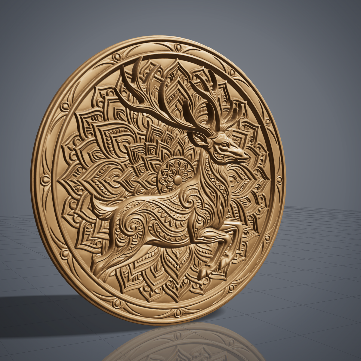 Detailed 3D bas-relief of a leaping stag with large branching antlers, its body carved with flowing swirl and paisley patterns, set against a lotus mandala of layered petals. A raised circular frame with a stepped ring and bead accents surrounds the scene. Fine carved texture and depth. Designed for CNC relief carving, woodworking, resin casting and 3D printing as wall decor.