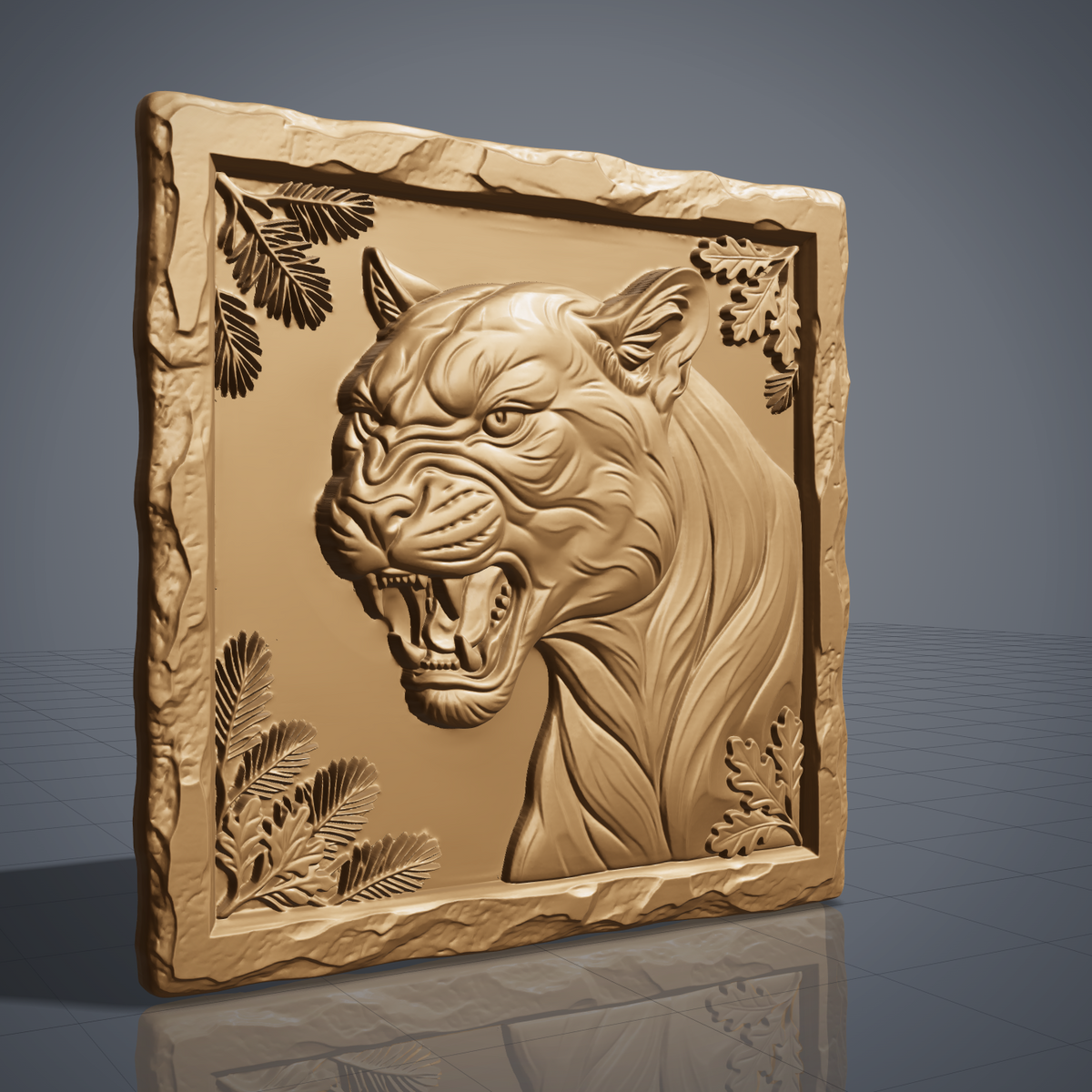 Snarling mountain lion head carved in dark walnut wood inside a square rustic rock-edge frame with pine and oak leaf corners, shown as a workshop mockup and a grey resin render. Digital STL relief file for CNC routers and 3D printers, ideal for wildlife wall art, panels and woodworking projects.