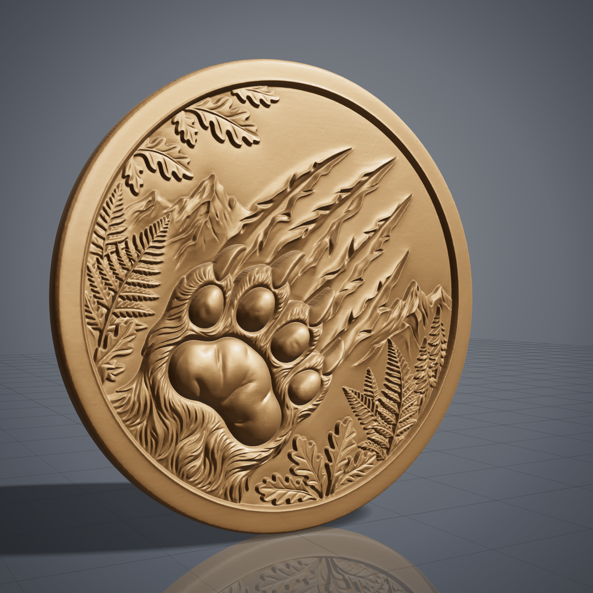 Detailed 3D bas-relief of a large bear paw with four toe pads and curved claws, with deep claw scratch marks slashing across a round medallion. Mountain peaks, ferns, oak leaves and pine trees fill the scene inside a raised ring border. Shown in carved walnut wood and grey resin. Designed for CNC relief carving, woodworking and 3D printing as rustic cabin wildlife wall decor.