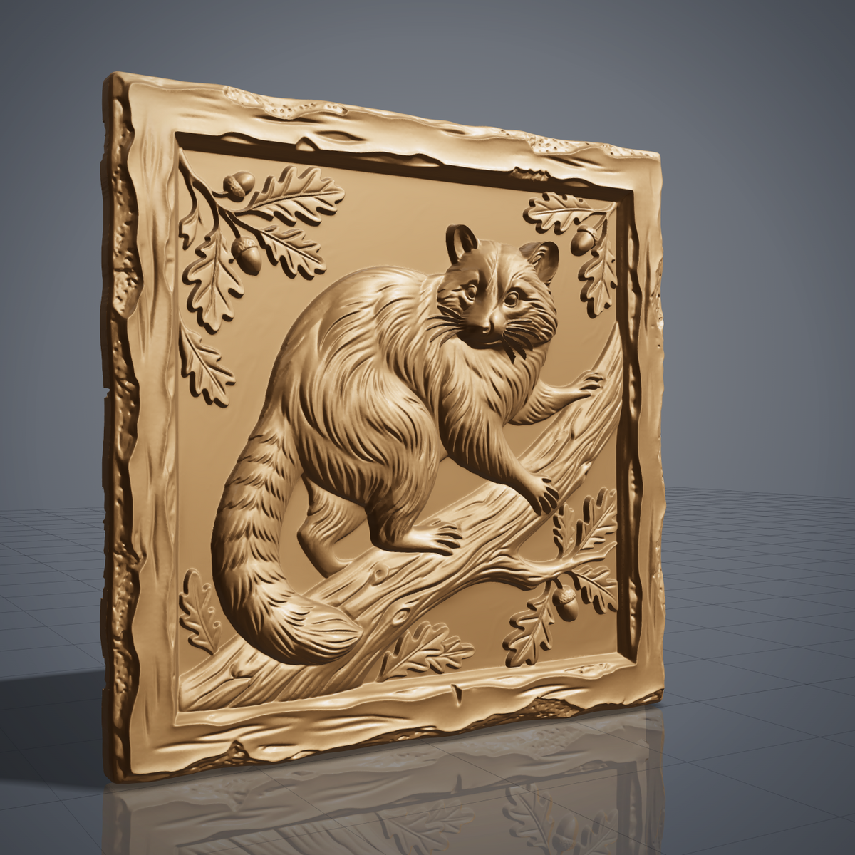 A detailed 3D bas-relief of a raccoon set within a square frame, capturing its facial markings, fur texture, and alert expression in fine raised detail. The design is bordered by a clean square edge, giving it a finished plaque-like presentation. Carved in wood grain texture with natural highlights and shadow depth. Designed for CNC relief carving, wood routing, and 3D printing as wall decor or a nature-themed gift.