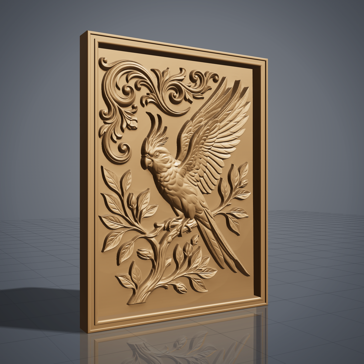 Highly detailed 3D bas-relief of a crested cockatoo with one wing raised and spread, perched on a flowering branch with budding leaves and long tail feathers trailing below, set against ornate scrollwork carved in rich walnut wood. The scene is framed by a raised, molded picture-frame border on a vertical rectangular panel. Fine relief carving captures individual feathers, leaf veins, and natural wood grain throughout. Designed for CNC relief carving, wood routing, and 3D printing as bird lover,