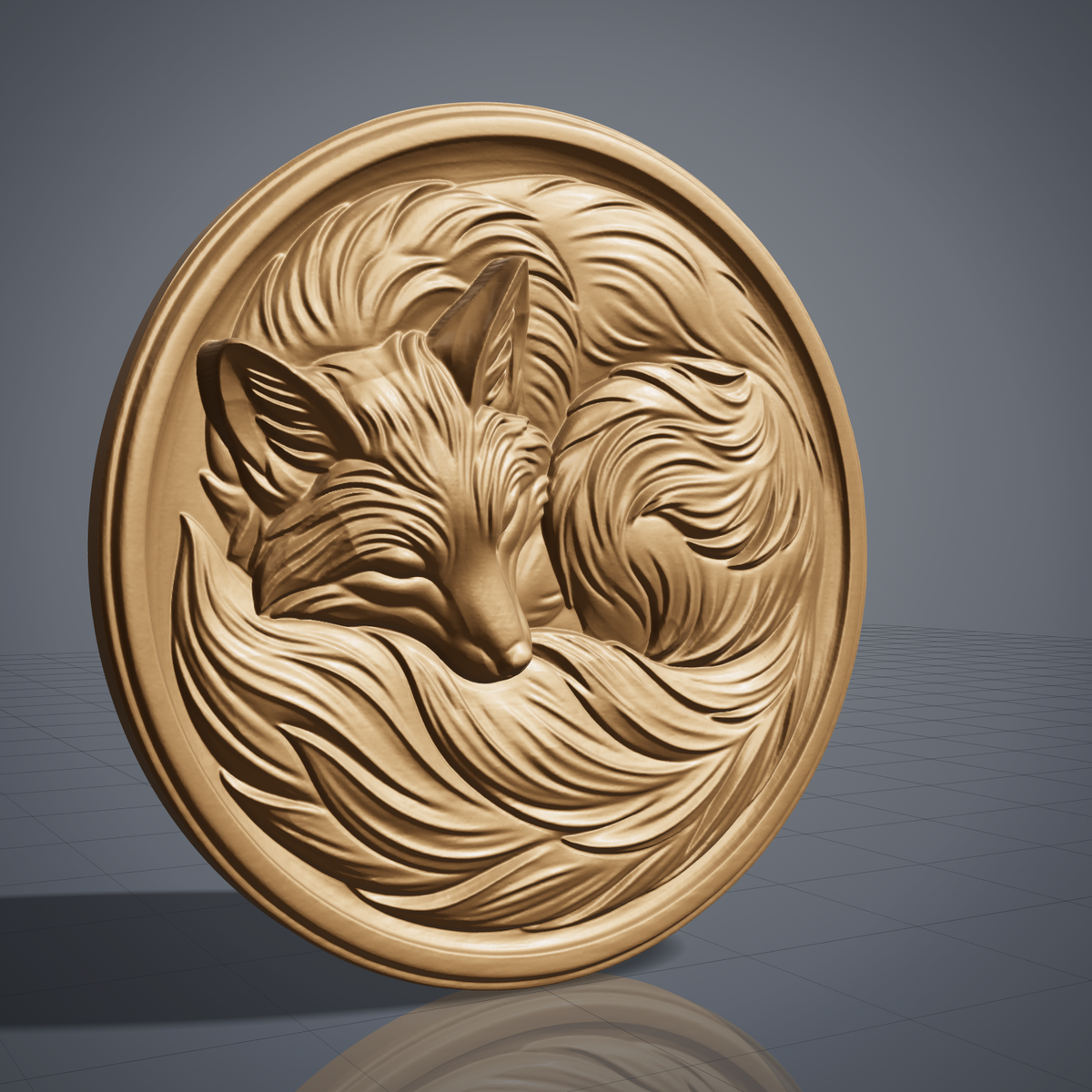 Detailed 3D bas-relief of a mother fox curled around two kits, nuzzling one tucked in her paws while the second lies on its back reaching up to her. Oak leaves and acorns fill the recessed field, framed by a ring of raised beads between two smooth rims. Carved wood texture in high relief. Designed for CNC relief carving, wood routing, and 3D printing as nursery and woodland wall decor.