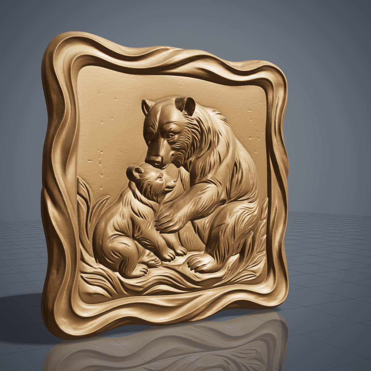 Detailed 3D bas-relief of a mama bear hugging and nuzzling her cub on grassy ground, with fine fur texture and wild grass blades. Framed by a thick raised wavy cloud-shaped border around a recessed square panel. Shown in carved walnut wood and grey resin. Designed for CNC relief carving, woodworking and 3D printing as nursery, cabin and wildlife wall decor.