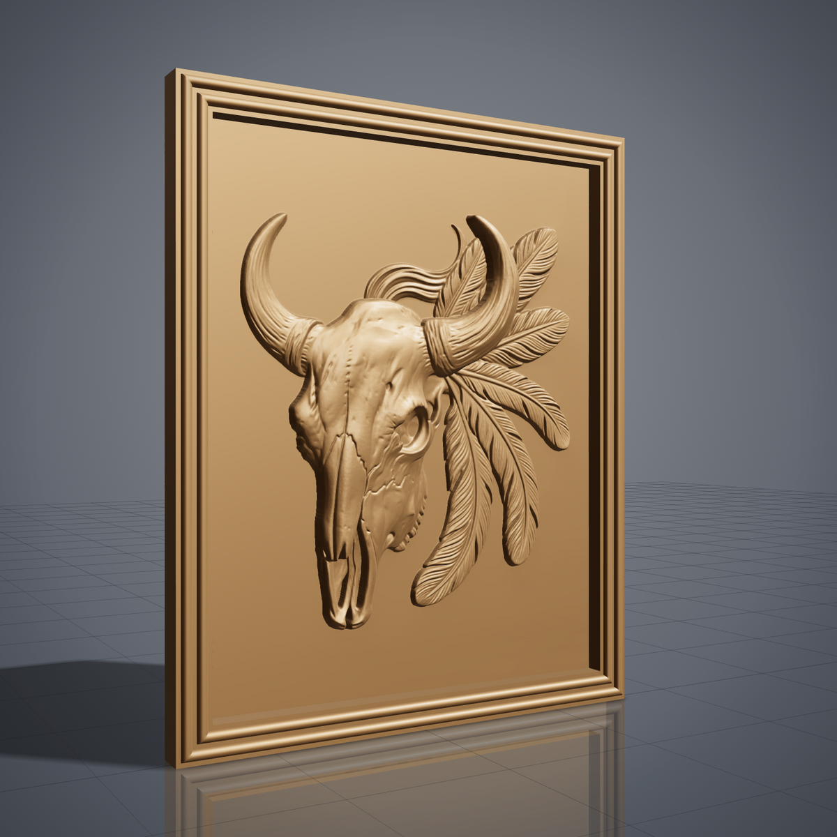 Detailed 3D bas-relief of a bison skull with two curved horns wrapped in leather bands, flowing mane wisps and five carved feathers hanging to the side, set inside a rectangular panel with a stepped molded frame. Rich walnut wood grain and raised detail. Designed for CNC relief carving, woodworking and 3D printing as rustic western wall decor.