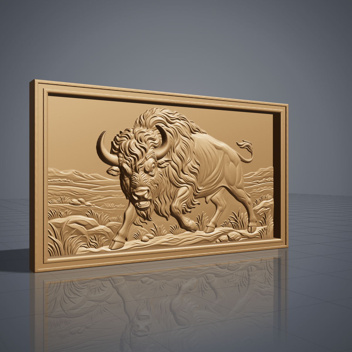 Detailed 3D bas-relief of an American bison charging forward with head lowered toward the viewer, showing curved horns, a flowing shaggy mane, bearded chin, muscular body and raised curled tail. Behind it stretches a prairie landscape with rolling hills, tall grass and scattered rocks. Set inside a wide stepped rectangular frame. Designed for CNC relief carving, wood routing and 3D printing as rustic western wall decor.