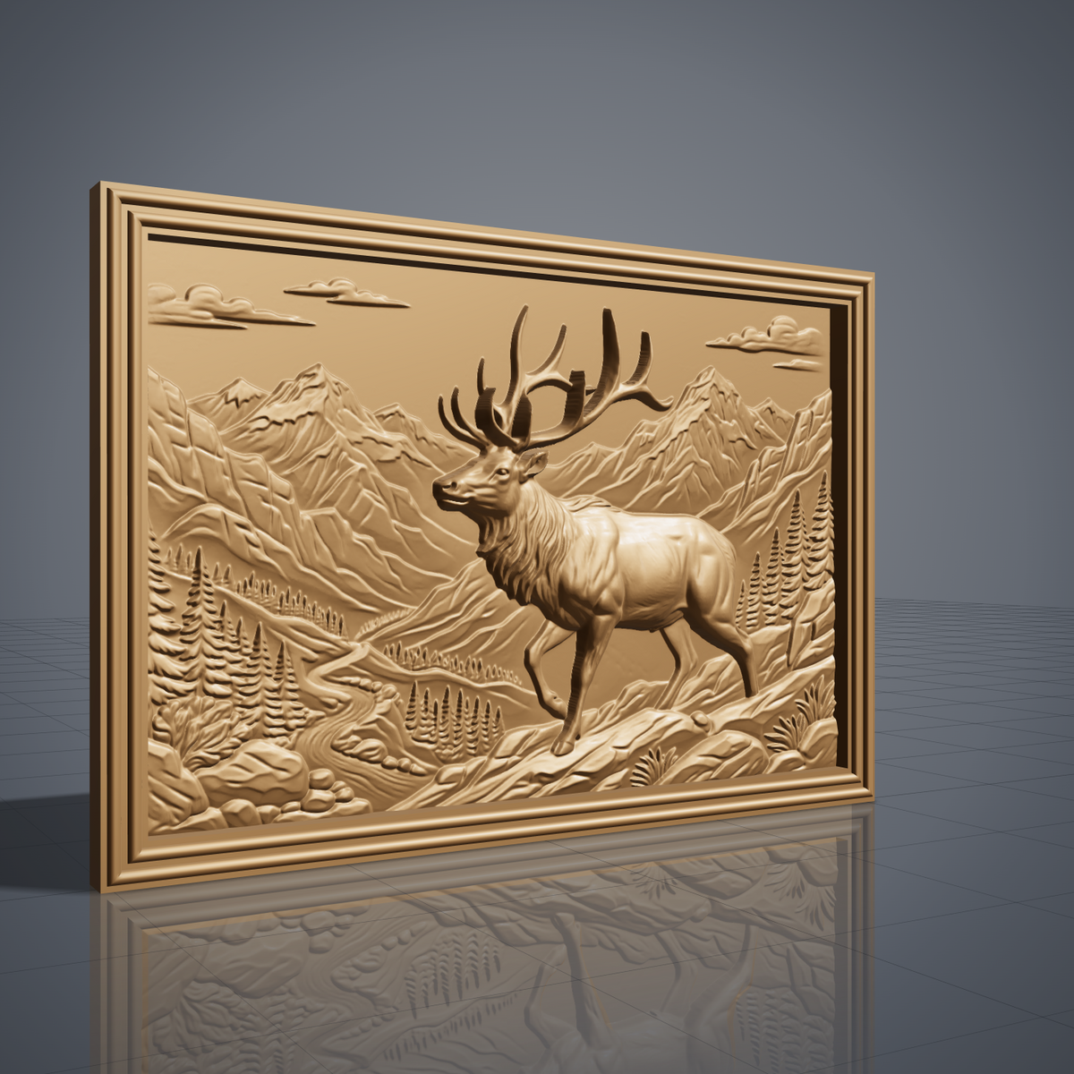 Detailed 3D bas-relief of a bull elk walking through a mountain valley with towering peaks, pine forest, winding river, clouds and rocky foreground. Set in a landscape rectangular panel with a stepped molded frame, shown in carved walnut wood. Designed for CNC relief carving, woodworking and 3D printing as rustic wildlife wall decor.