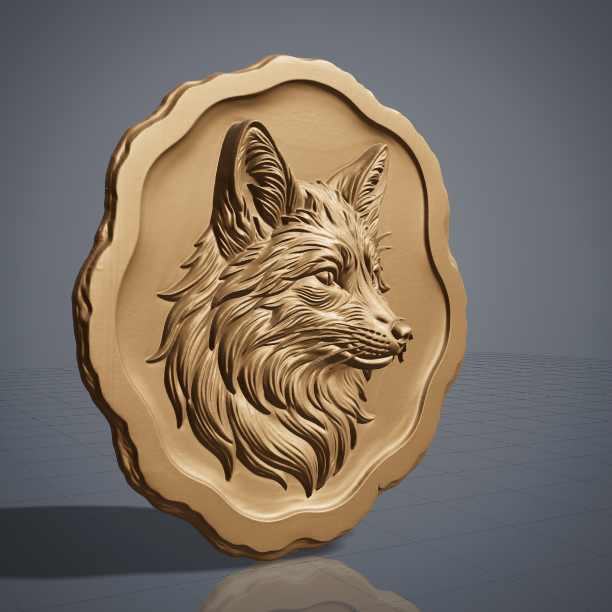 Detailed 3D bas-relief of a fox head in three-quarter profile, ears raised and whiskers fanning from a dotted muzzle, with flowing layered fur carved into a thick ruff. Framed by a live edge wavy border and recessed inner panel on a round wood plaque. Fine strand and woodgrain texture in raised relief. Designed for CNC relief carving, wood routing, and 3D printing as rustic wildlife wall decor.