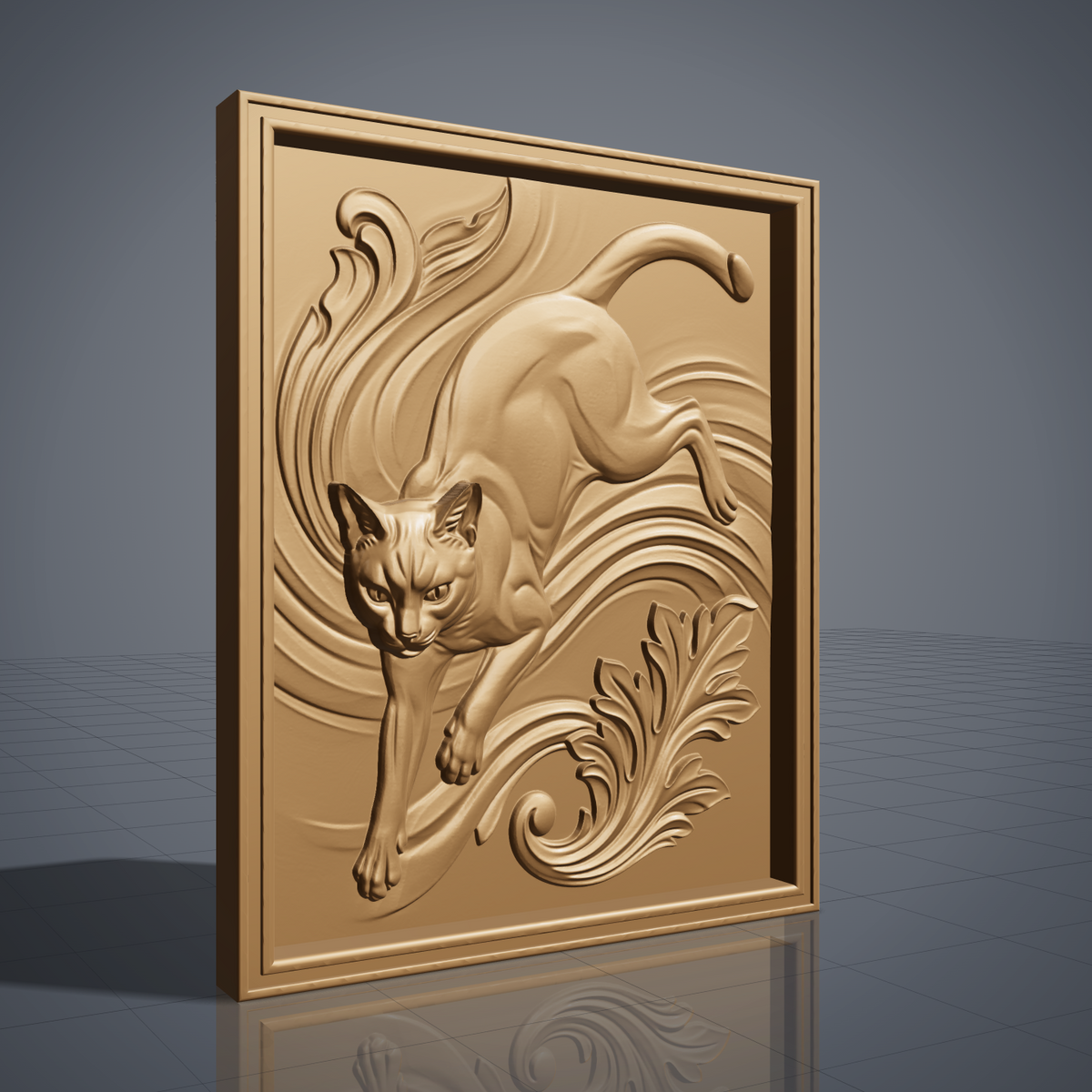 3D bas-relief of a prowling cat, captured mid-stride with an arched back and curled tail, carved amid flowing acanthus scrollwork and leafy filigree. The scene is set within a raised rectangular molded frame with clean beveled edges. Fine fur texture and muscle definition run throughout the sculpt. Designed for CNC relief carving, wood routing, and 3D printing as wall decor or a display plaque.