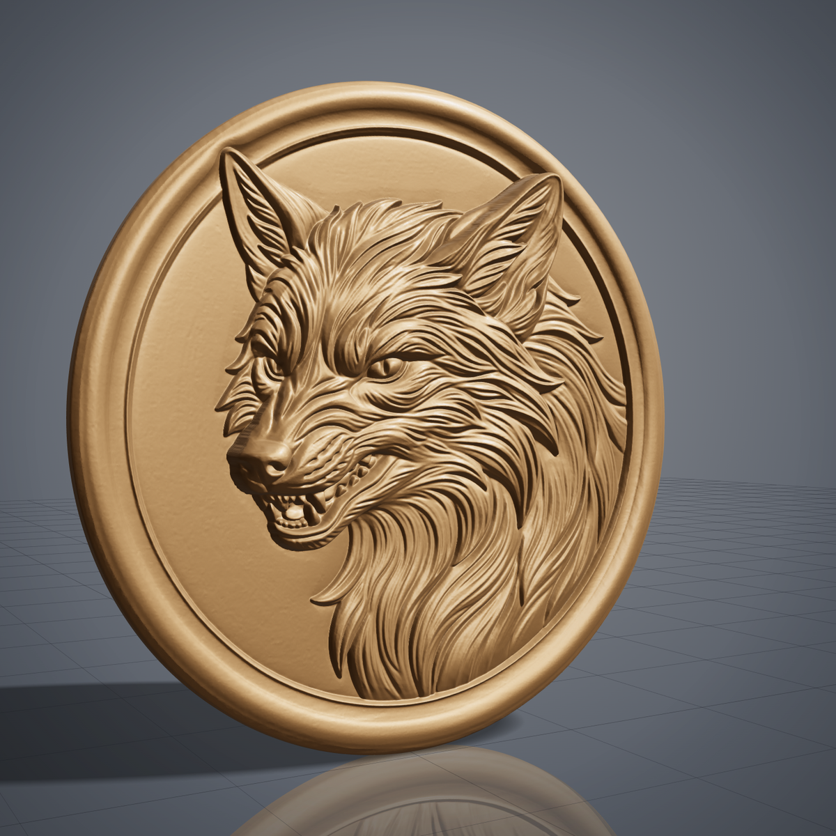 A high-relief 3D carving of a snarling fox head, bared teeth, narrow eyes, and a flowing fur mane rendered in fine raised detail. The bust is set within a raised circular medallion frame with a smooth rim. Carved wood texture shown for reference. Designed for CNC relief carving, wood routing, resin casting, and 3D printing as wall decor or a medallion plaque.