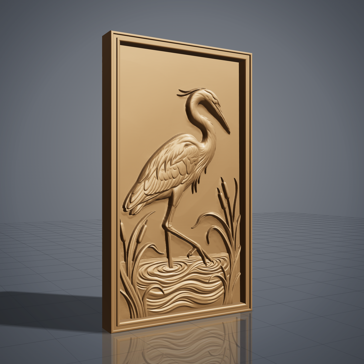 Detailed 3D bas-relief of a great blue heron wading in a marsh, one leg raised above rippling water, feathers and neck carved with fine texture. Tall cattails and reed grasses frame both sides of the bird within a rectangular molded border. Available in walnut wood and grey resin finishes. Designed for CNC relief carving, wood routing, and 3D printing as wildlife wall decor.