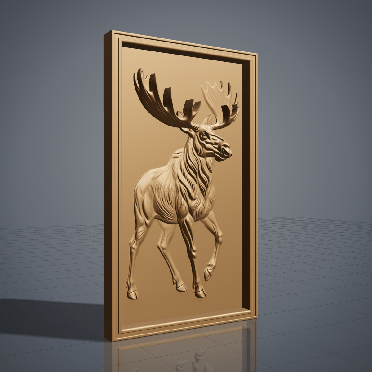 High-relief 3D bas-relief of a full-body walking bull moose with large palmate antlers, set in a tall stepped rectangular frame. Fine fur, muscle, leg and antler detail rising from a smooth background. Designed for CNC relief carving, wood routing and 3D printing as rustic wildlife wall decor for a cabin, lodge or hunting den.