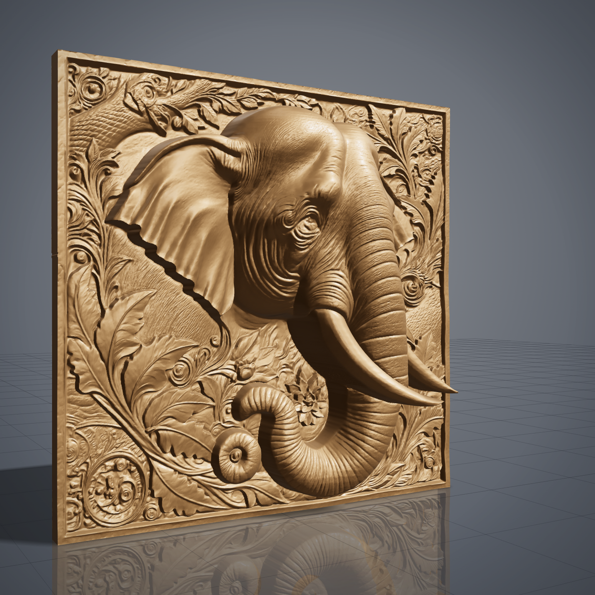 Elephant head carved in dark walnut wood inside a square frame with scrolling leaves, flowers and a curled trunk, shown as a workshop mockup and a grey resin render. Digital STL relief file for CNC routers and 3D printers, ideal for wildlife wall art, panels and woodworking projects.