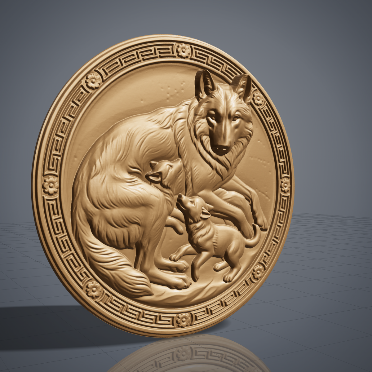 Detailed 3D bas-relief of a mother wolf resting with two playful pups, set inside a round medallion framed by a raised Greek key border and four floral rosettes. Soft fur texture and sculpted paws stand out against a smooth backing panel. Designed for CNC relief carving, wood routing, and 3D printing as nursery or family wall decor.