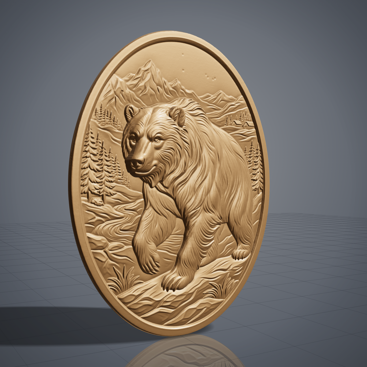High-relief 3D bas-relief of a walking grizzly bear with flowing fur on an oval slab, set in a mountain valley with pine trees, a winding river, rocks, grass and a log cabin. Flat slab margin with no raised frame. Designed for CNC relief carving, wood routing and 3D printing as rustic cabin wall decor.