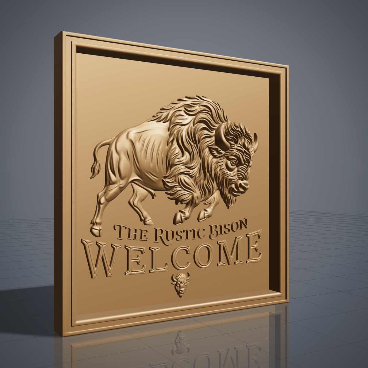 High-relief 3D bas-relief of a charging American bison with a shaggy mane and curved horns inside a stepped square frame. Raised lettering reads The Rustic Bison Welcome, with a small bison head emblem below. Fine fur and muscle detail on a flat panel. Designed for CNC relief carving, wood routing and 3D printing as a rustic welcome sign for a cabin, ranch or porch.