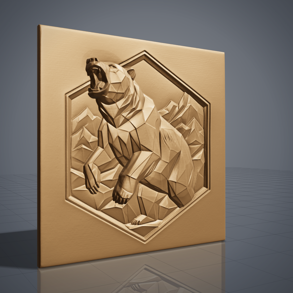 Geometric low poly 3D bas-relief of a roaring bear rearing up with raised front paws, faceted fur and angular mountain peaks. Set inside a recessed hexagon panel on a flat square slab. Shown in carved walnut wood and grey resin. Designed for CNC relief carving, woodworking and 3D printing as modern wildlife and cabin wall decor.
