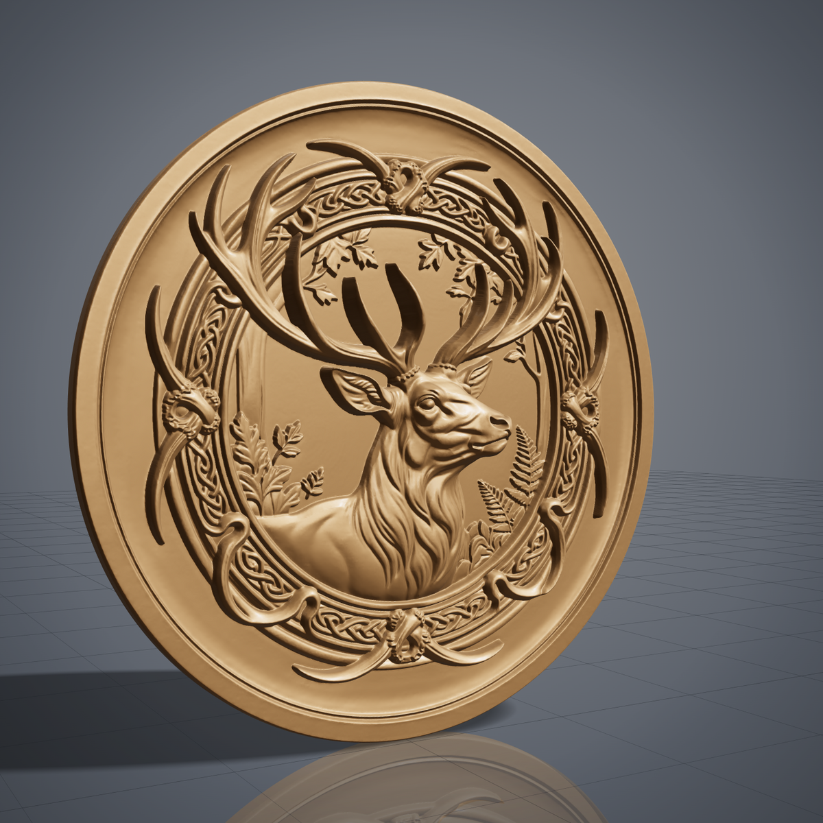 High-relief 3D bas-relief of a deer head with large antlers inside a circular Celtic knotwork frame with leaves and ferns, made as a solid round plaque with a full flat background. Fine antler, fur and knot detail with layered relief. Designed for CNC relief carving, wood routing and 3D printing as Celtic wildlife wall decor for a cabin, lodge or den.