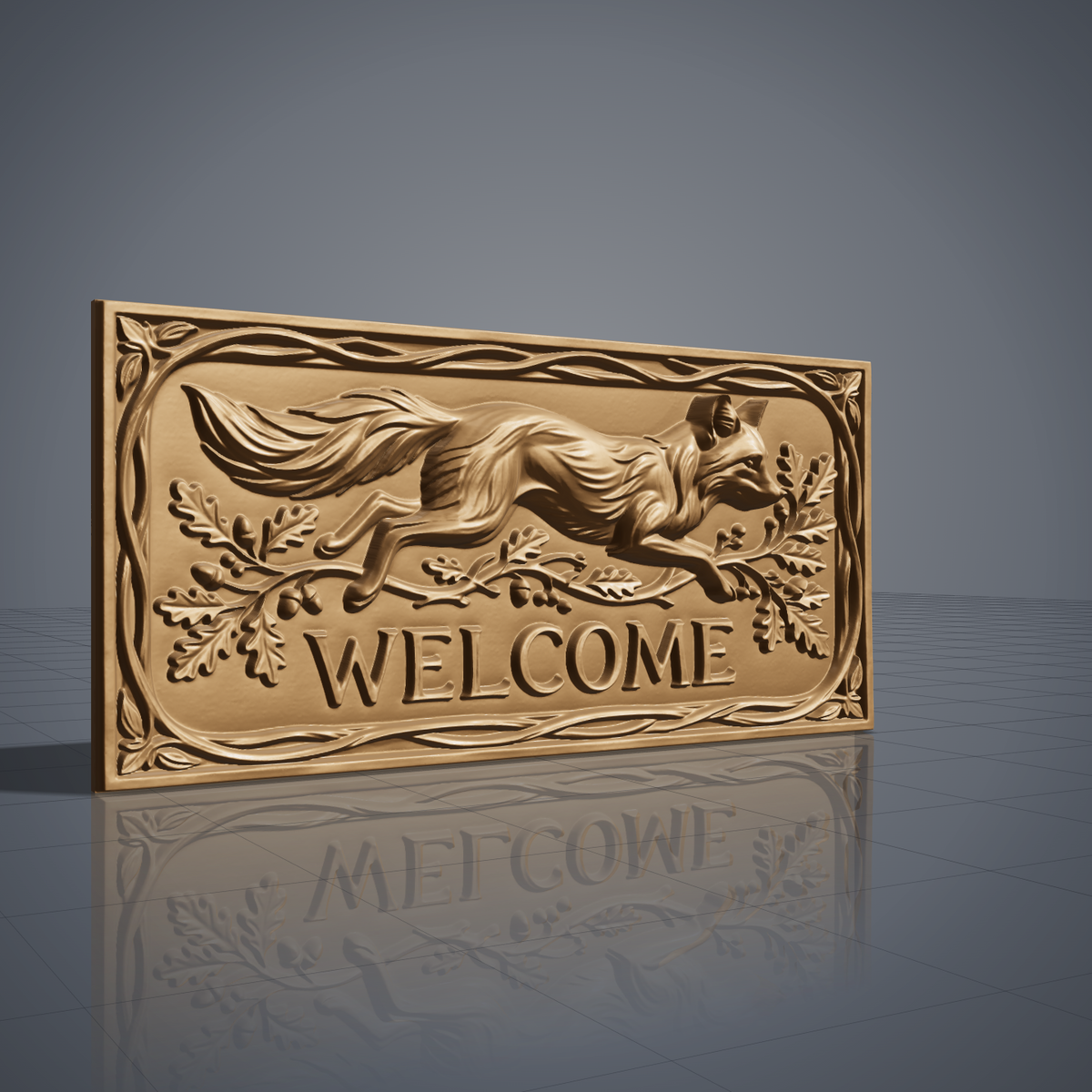 Detailed 3D bas-relief welcome sign showing a red fox leaping to the right with a long bushy tail, set over a flowing branch of oak leaves, acorns and berries. Raised WELCOME lettering sits below, all inside a wide rectangular frame of twisted vines with leaf accents at each corner. Designed for CNC relief carving, wood routing and 3D printing as rustic front door or porch decor.