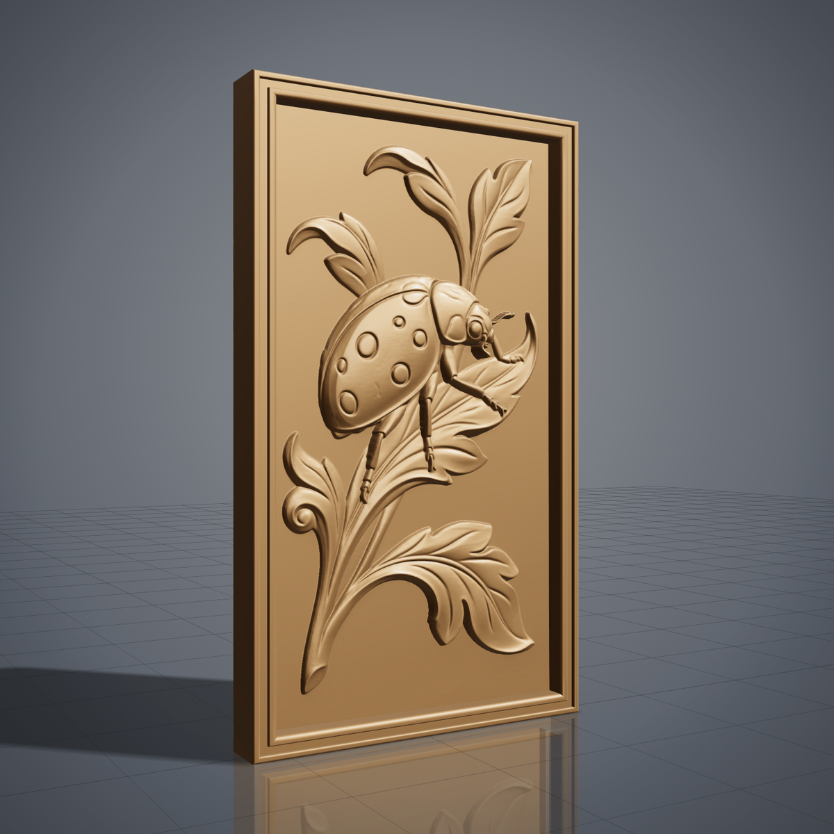 Detailed 3D bas-relief of a ladybug beetle perched on curling acanthus leaves, with raised dot patterns on its shell, delicate antennae, and jointed legs gripping a leaf tip. Carved in rich walnut wood grain with a polished satin finish, framed within a rectangular molded border. Designed for CNC relief carving, wood routing, resin casting, and 3D printing as wall decor.
