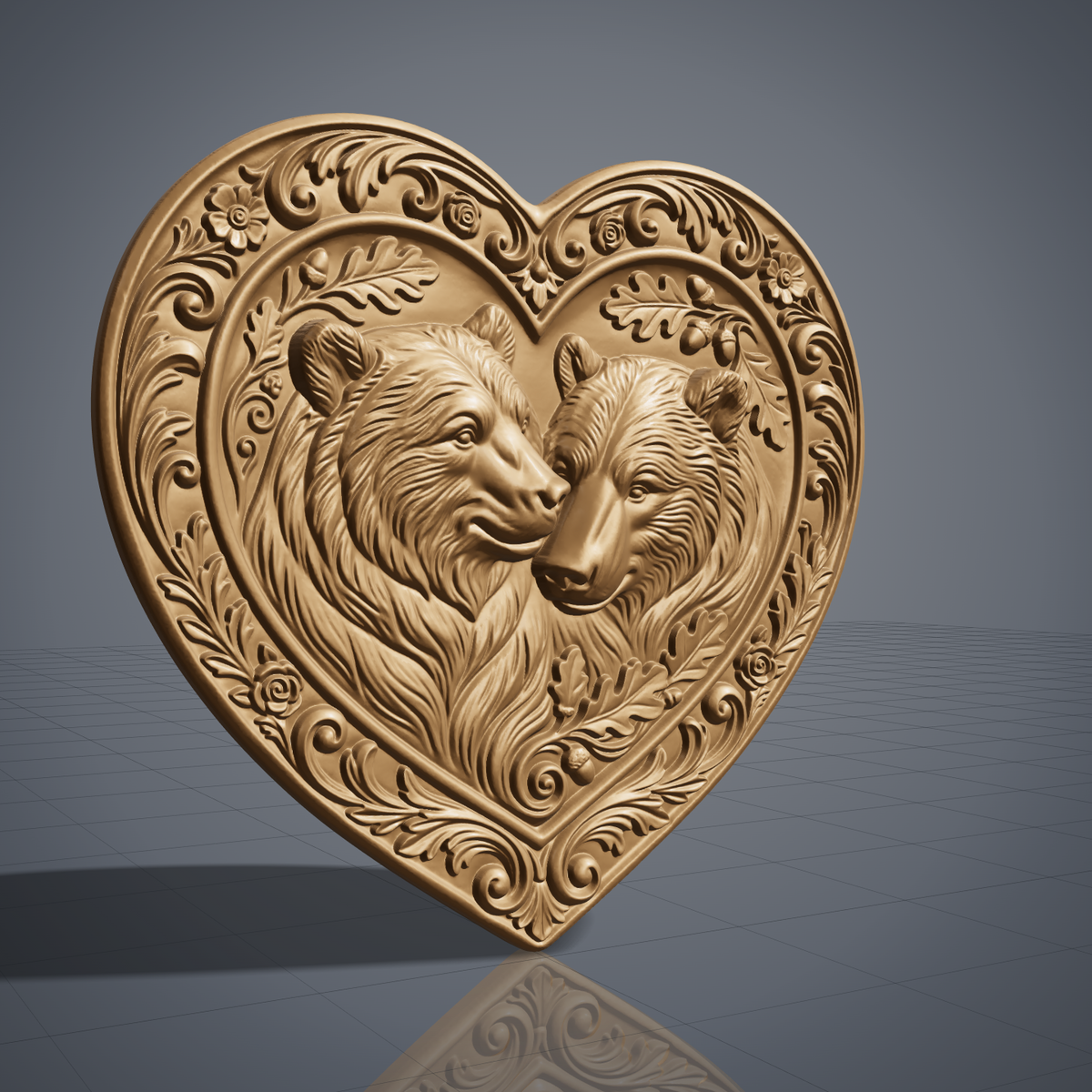 Detailed 3D bas-relief of two bears nuzzling cheek to cheek with thick flowing fur, framed in a heart-shaped panel with an ornate floral scroll border, oak leaves and acorns. Shown in carved walnut wood and grey resin. Designed for CNC relief carving, woodworking and 3D printing as romantic wall decor.