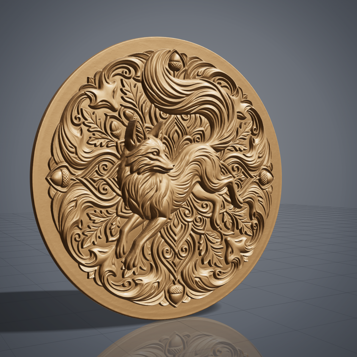 Highly detailed 3D bas-relief of a fox looking back over its shoulder, with a large swirling tail, oak leaves, acorns and symmetrical scrollwork forming a round mandala medallion with a plain raised rim. Shown carved in walnut wood, wood panel and grey resin. Designed for CNC relief carving, wood routing and 3D printing as wall decor.