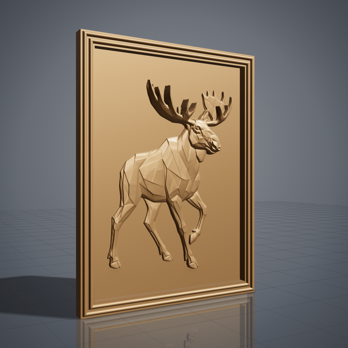 Faceted low poly moose with huge palmate antlers walking on a plain smooth background, shown as a portrait rectangular frame relief plaque with a stepped molded border, digital STL model for CNC router carving and 3D printing.