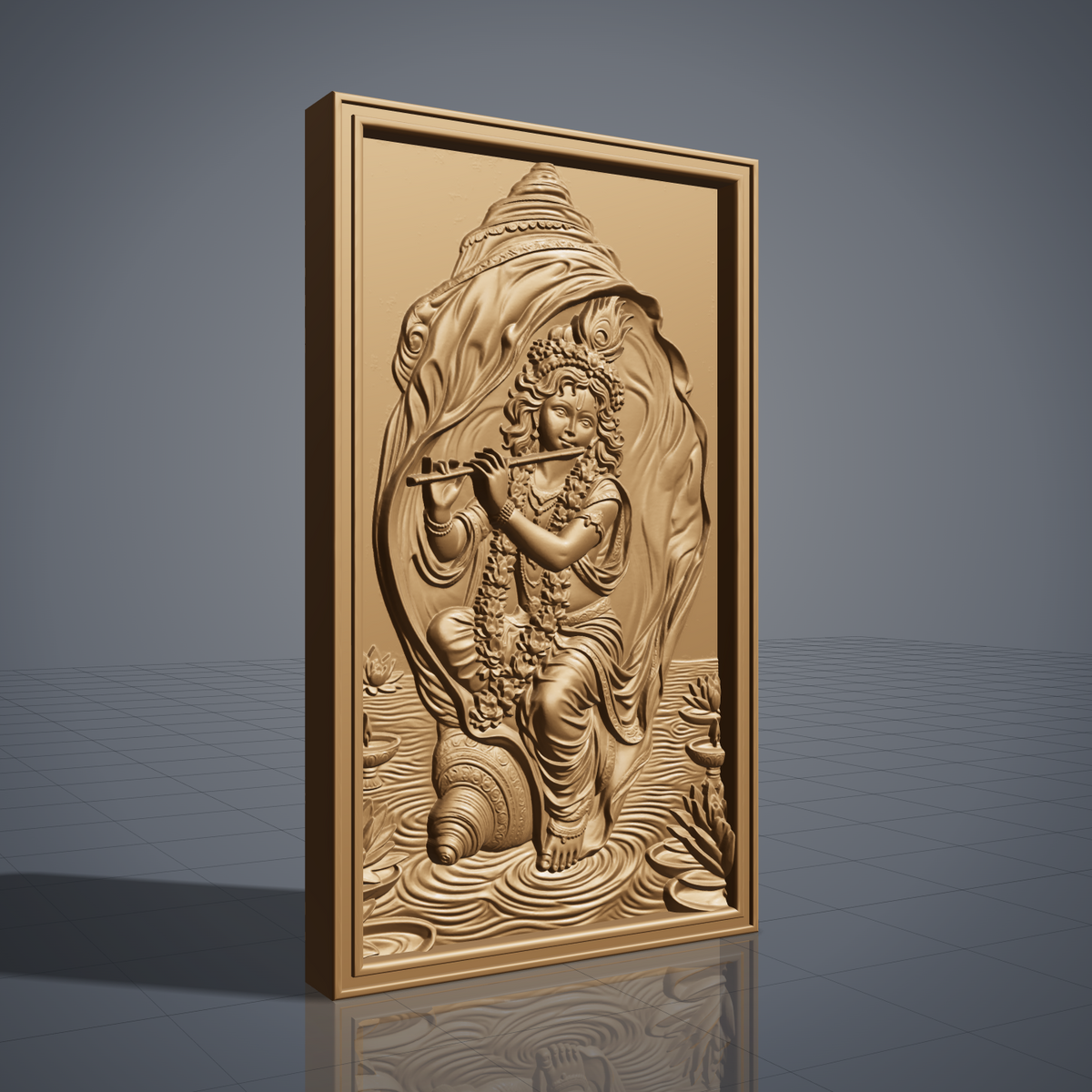Bas-relief of Krishna playing a flute beneath a flowing conch-shell canopy, wearing a peacock feather crown, floral garlands, and bangles. Lotus flowers and oil lamps rest in rippling water below, carved in rich wood-grain texture within a rectangular frame. Designed for CNC relief carving, wood routing, and 3D printing as devotional wall decor.