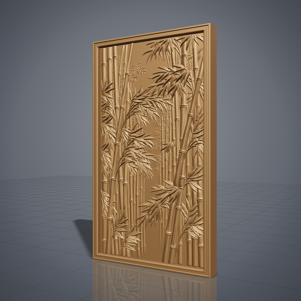 Highly detailed 3D bas-relief of a dense bamboo grove, with tall jointed stalks and layered leaf clusters receding into a misty forest path, framed by a raised molded border. Fine relief carving captures individual leaf veins, stalk nodes, and natural wood grain throughout the panel. Designed for CNC relief carving, wood routing, and 3D printing as zen garden, Asian-inspired, or botanical wall decor.