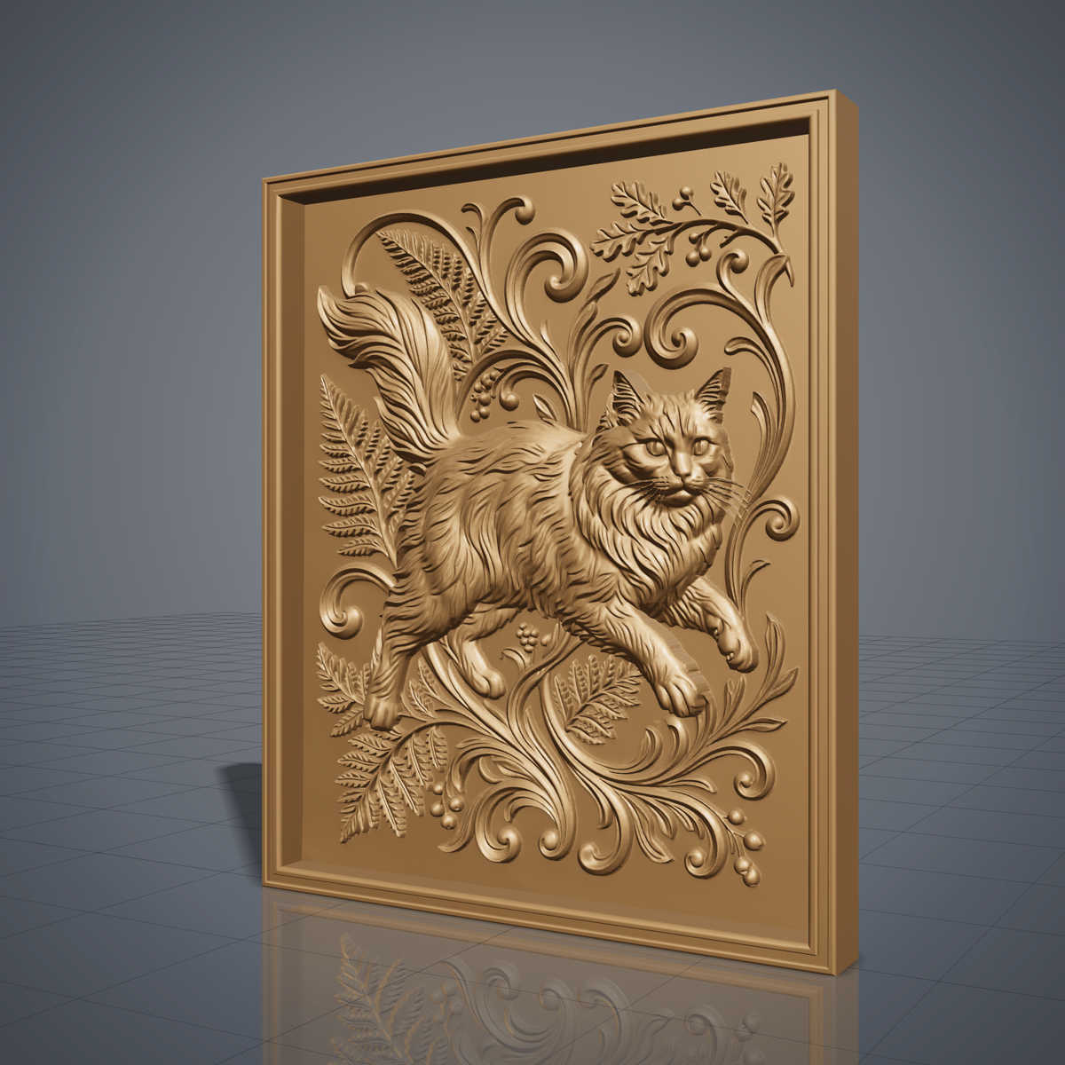 Longhair cat in mid-stride surrounded by fern fronds, oak leaves, and baroque scrollwork, carved as a detailed 3D bas-relief with raised fur texture and a flowing tail. The scene sits within a molded rectangular frame border. Designed for CNC relief carving, wood routing, and 3D printing as wall decor.