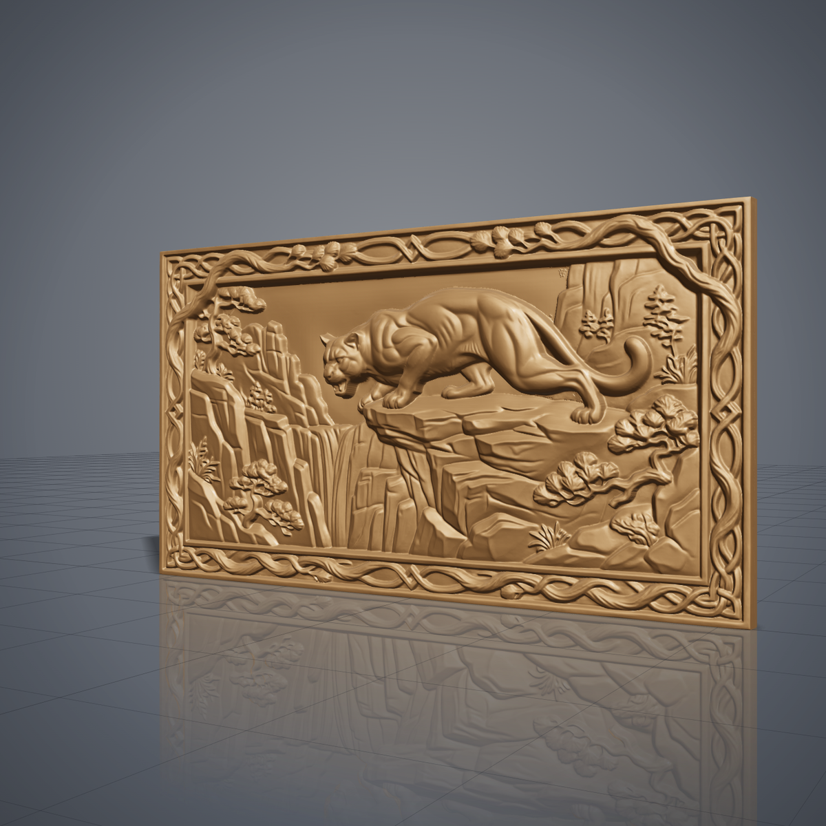 3D bas-relief of a mountain lion crouched on a rocky cliff edge above a waterfall, set in a landscape rectangular frame with a carved vine and Celtic knot border with pine cones. Bonsai-style pine trees, layered cliffs and grass surround the cougar. Smooth sculpted muscle detail and fine rock texture. Designed for CNC relief carving, woodworking and 3D printing as wide wall decor.