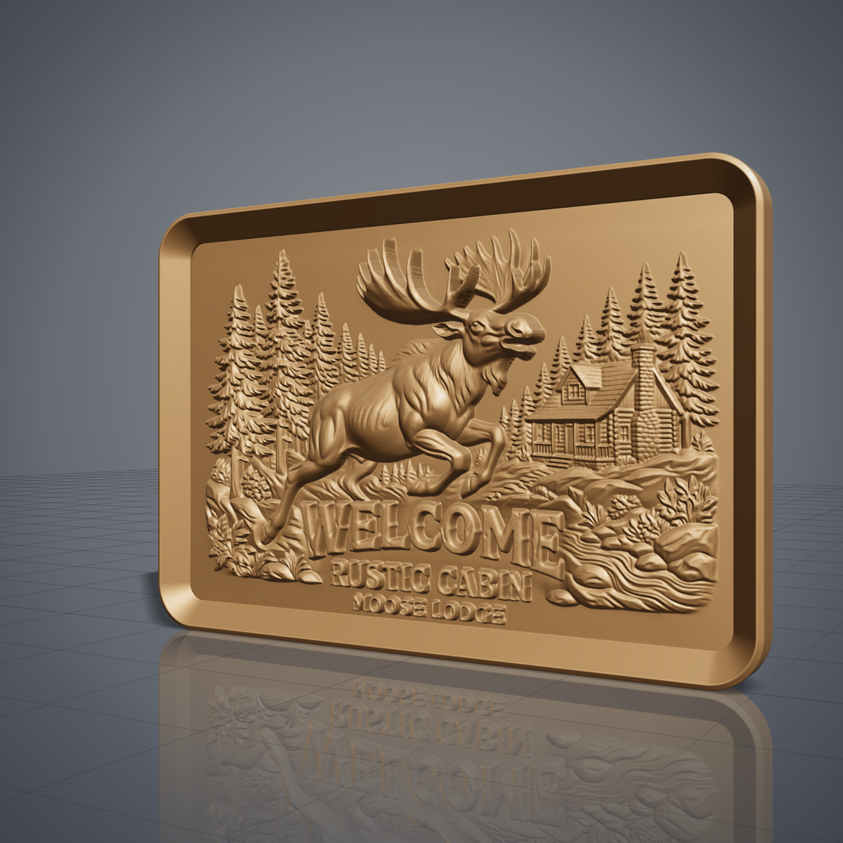Leaping bull moose with large antlers in front of tall pine trees, a log cabin with stone chimney and a rocky stream, with carved WELCOME RUSTIC CABIN MOOSE LODGE lettering, shown as a landscape rectangular frame relief plaque with a raised rim, digital STL model for CNC router carving and 3D printing.