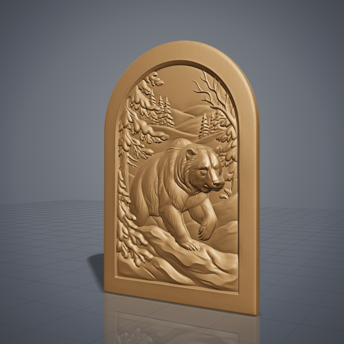 Detailed 3D bas-relief of a brown bear walking through a snowy winter forest, front paw raised, with snow-laden pine branches, bare winter branches, distant fir trees and rolling hills. Set in a recessed arched panel with a stepped molded frame. Fine fur and snow texture. Designed for CNC relief carving, woodworking and 3D printing as rustic cabin wall decor.