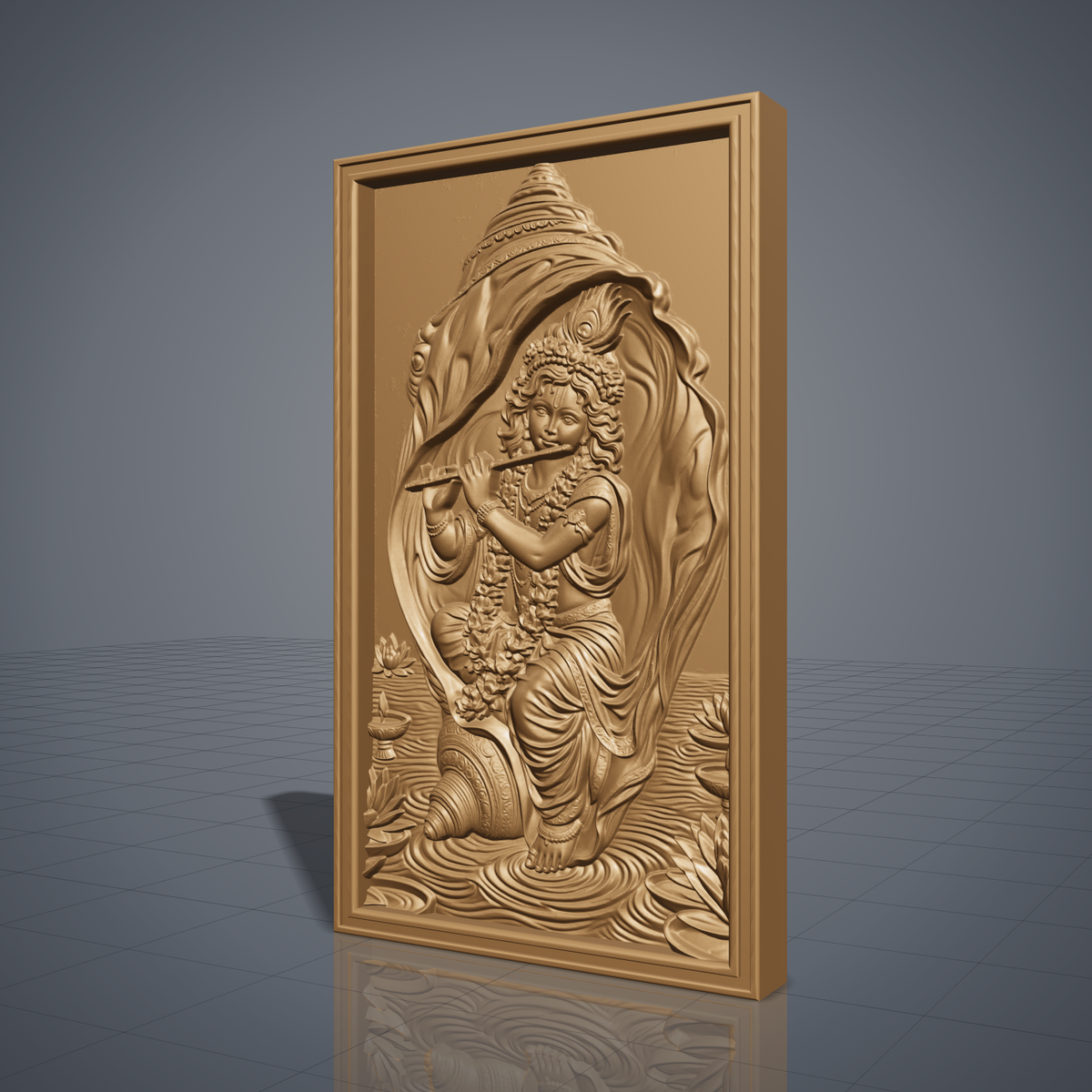Bas-relief of Krishna playing a flute beneath a flowing conch-shell canopy, wearing a peacock feather crown, floral garlands, and bangles. Lotus flowers and oil lamps rest in rippling water below, carved in rich wood-grain texture within a rectangular frame. Designed for CNC relief carving, wood routing, and 3D printing as devotional wall decor.