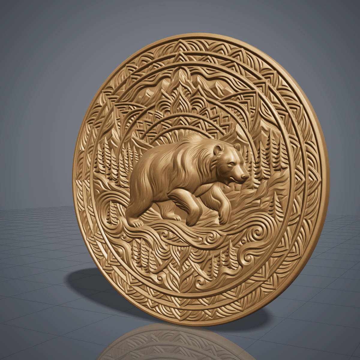 Detailed 3D bas-relief of a walking bear in a pine forest with mountains, set inside an ornate circular mandala frame of concentric rings, scrollwork and geometric patterns. Carved wood texture with raised detail and deep shadows. Designed for CNC carving, wood routing, 3D printing and rustic wall decor.