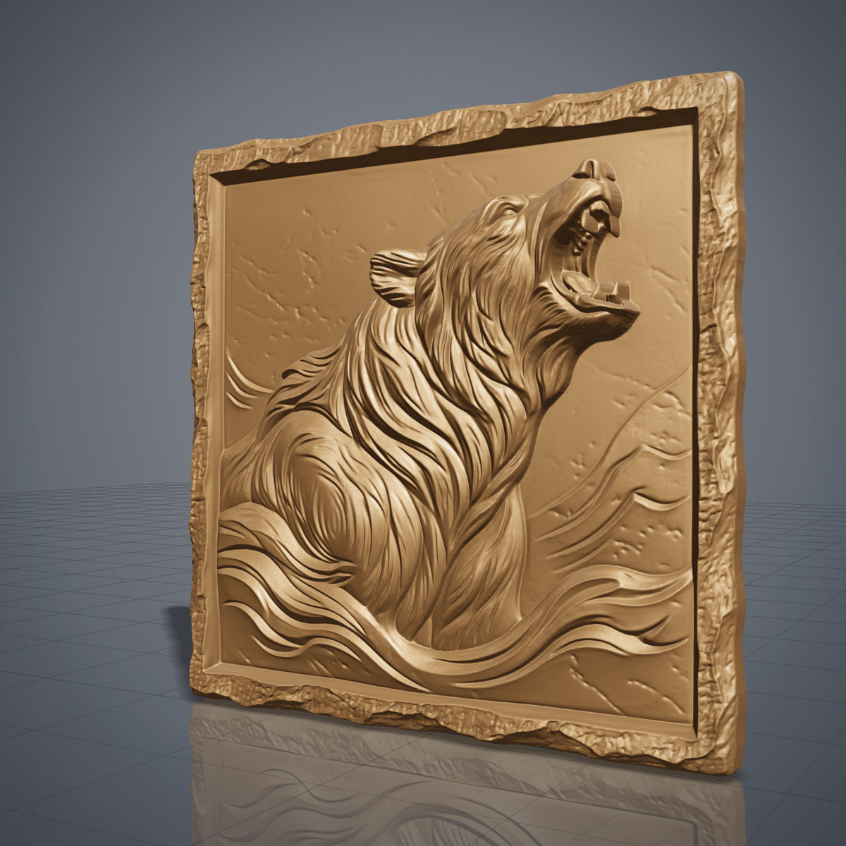 Detailed 3D bas-relief of a roaring bear with head raised and mouth open, thick flowing fur and mountain ridges behind. Set in a square panel with a rough hewn stone style border around a recessed field. Shown in carved walnut wood and grey resin. Designed for CNC relief carving, woodworking and 3D printing as rustic cabin and wildlife wall decor.