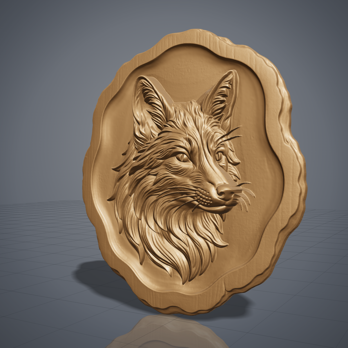 Detailed 3D bas-relief of a fox head in three-quarter profile, ears raised and whiskers fanning from a dotted muzzle, with flowing layered fur carved into a thick ruff. Framed by a live edge wavy border and recessed inner panel on a round wood plaque. Fine strand and woodgrain texture in raised relief. Designed for CNC relief carving, wood routing, and 3D printing as rustic wildlife wall decor.