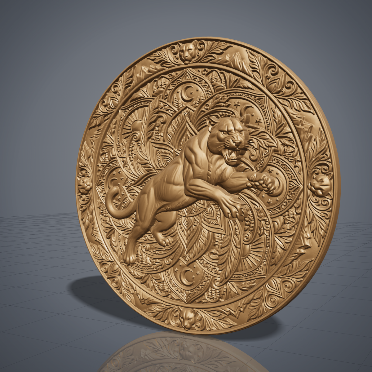 Mountain lion carved in dark walnut wood inside a round mandala frame with leaf scrollwork, moon and sun motifs and cougar head accents, shown as a workshop mockup and a grey resin render. Digital STL relief file for CNC routers and 3D printers, ideal for wildlife wall art, panels and woodworking projects.