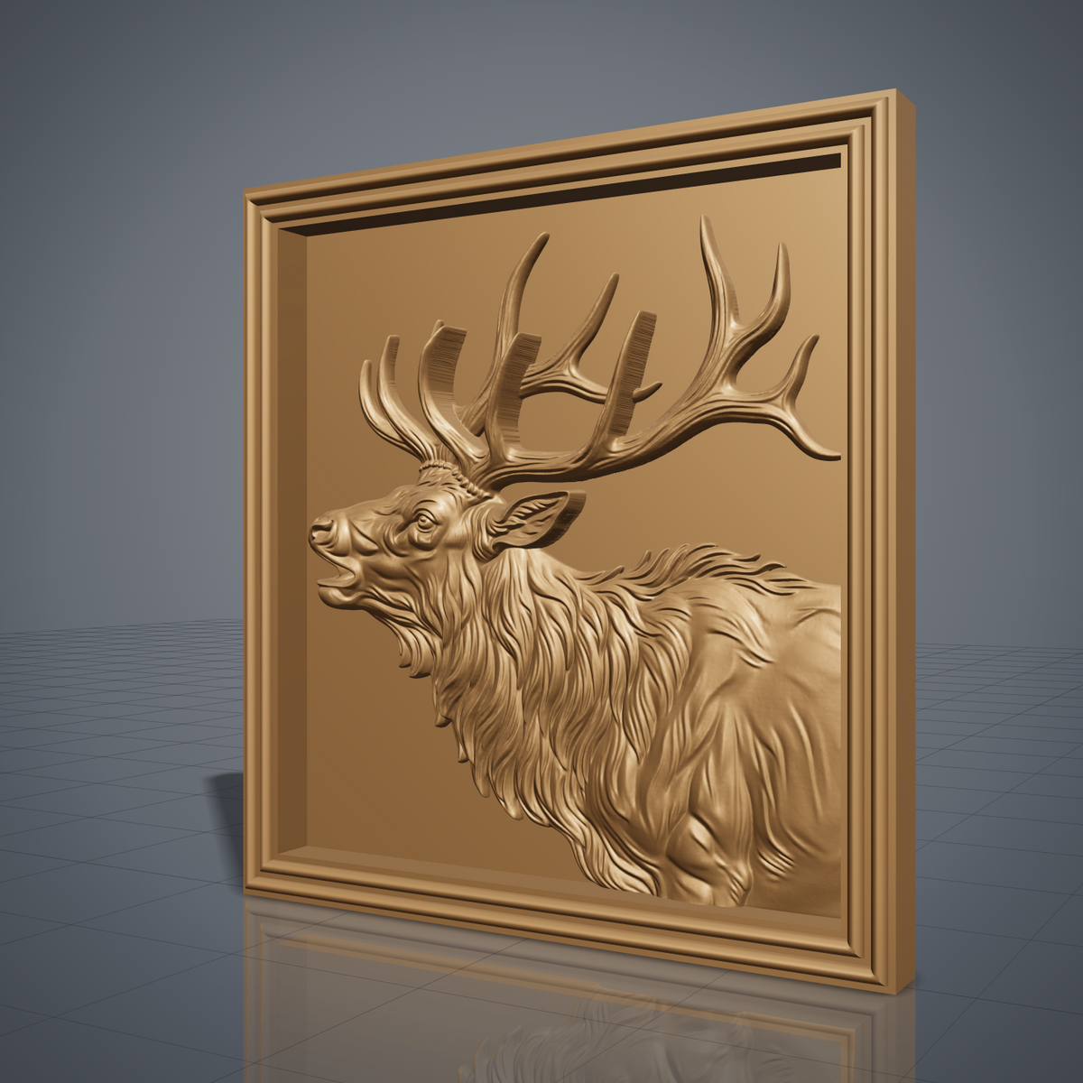 Detailed 3D bas-relief of a bugling bull elk in side profile with open mouth, large branching antlers, shaggy mane and fine fur texture. Set in a square panel with a stepped molded frame, shown in carved walnut wood. Designed for CNC relief carving, woodworking and 3D printing as rustic wildlife wall decor.
