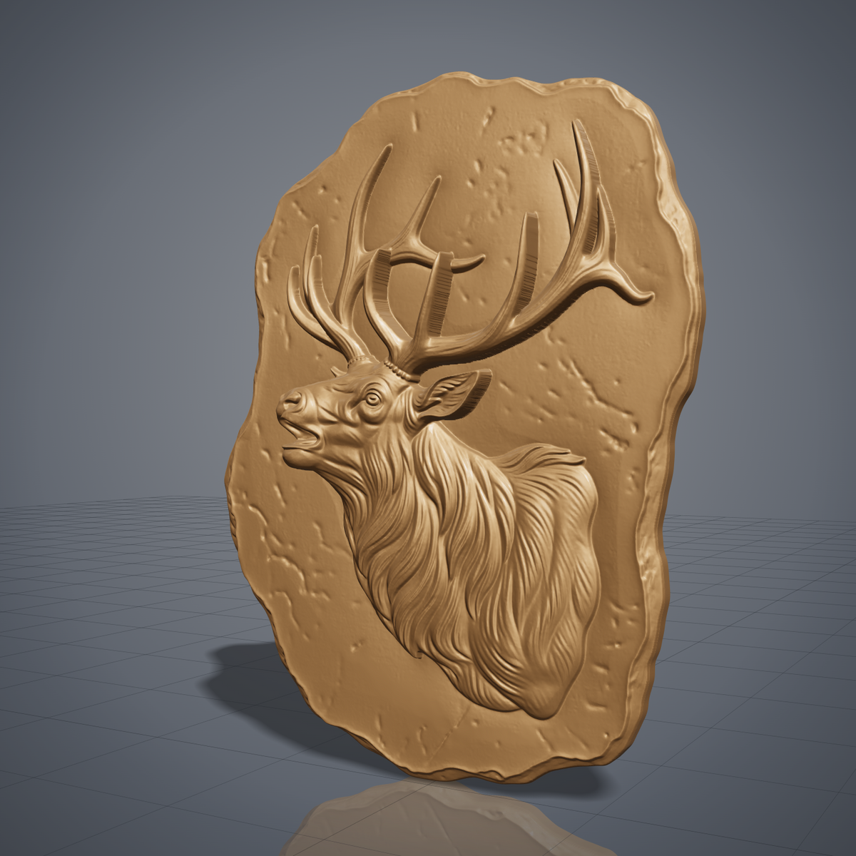 Detailed 3D bas-relief of a bugling bull elk in side profile with open mouth, large branching antlers, shaggy mane and fine fur texture. Set on a rough-edged stone plaque with weathered surface texture, shown in carved walnut wood. Designed for CNC relief carving, woodworking and 3D printing as rustic wildlife wall decor.