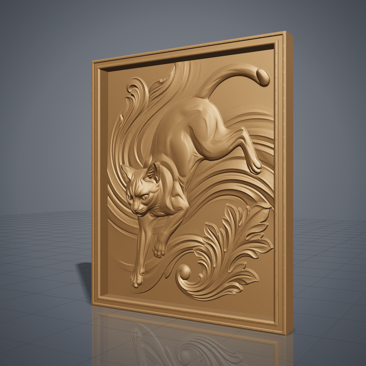 3D bas-relief of a prowling cat, captured mid-stride with an arched back and curled tail, carved amid flowing acanthus scrollwork and leafy filigree. The scene is set within a raised rectangular molded frame with clean beveled edges. Fine fur texture and muscle definition run throughout the sculpt. Designed for CNC relief carving, wood routing, and 3D printing as wall decor or a display plaque.
