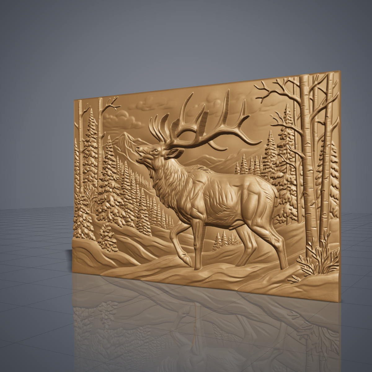 Detailed 3D bas-relief of a bugling bull elk with large antlers stepping through a snowy winter forest, with spruce trees, bare birches, snowdrifts and distant mountains, set on a flat rectangular slab. Shown in carved walnut wood and grey resin. Designed for CNC relief carving, woodworking and 3D printing as rustic cabin wildlife wall decor.